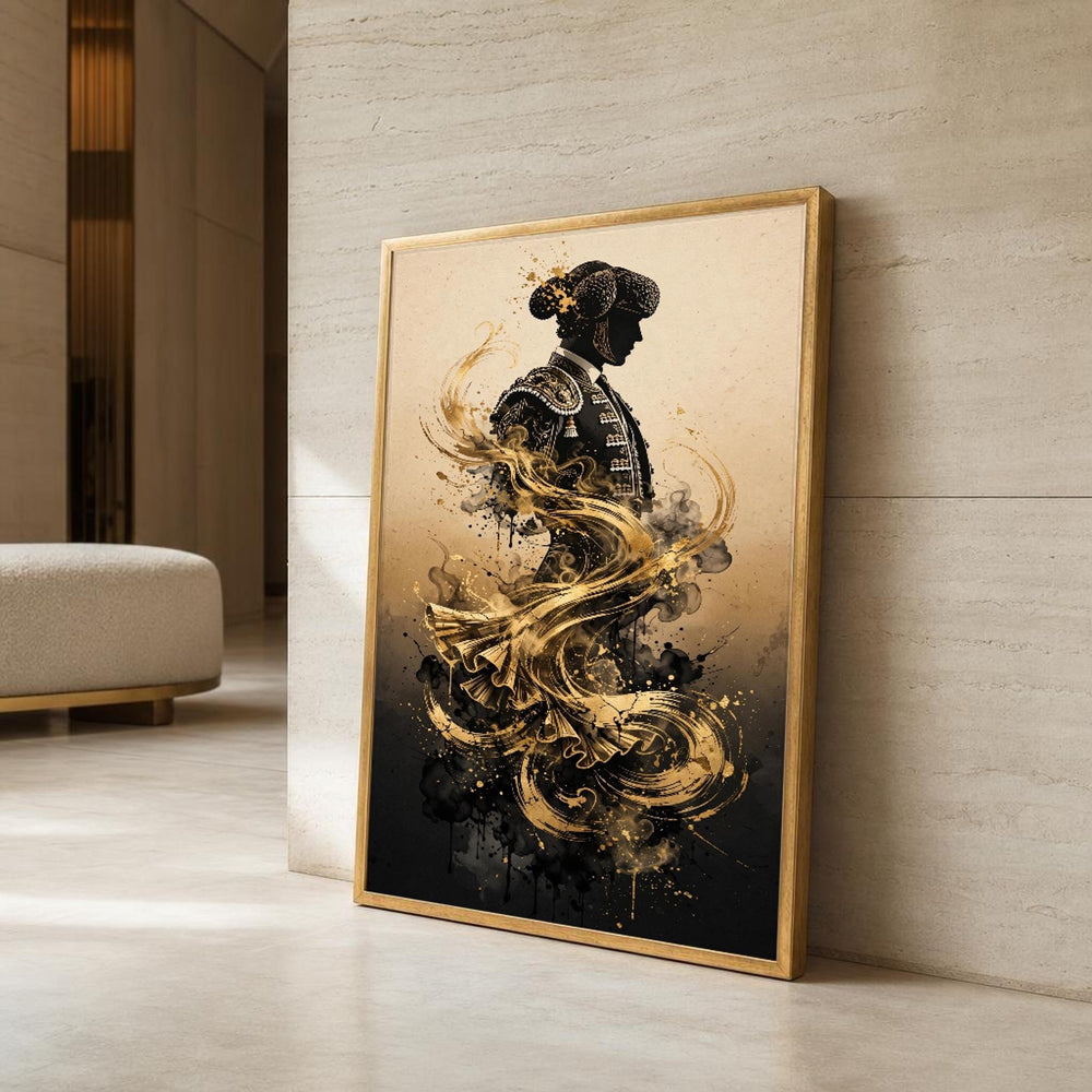 Golden Matador Silhouette Spanish Bullfighter Design Canvas Wall Art, Contemporary Fine, Modern