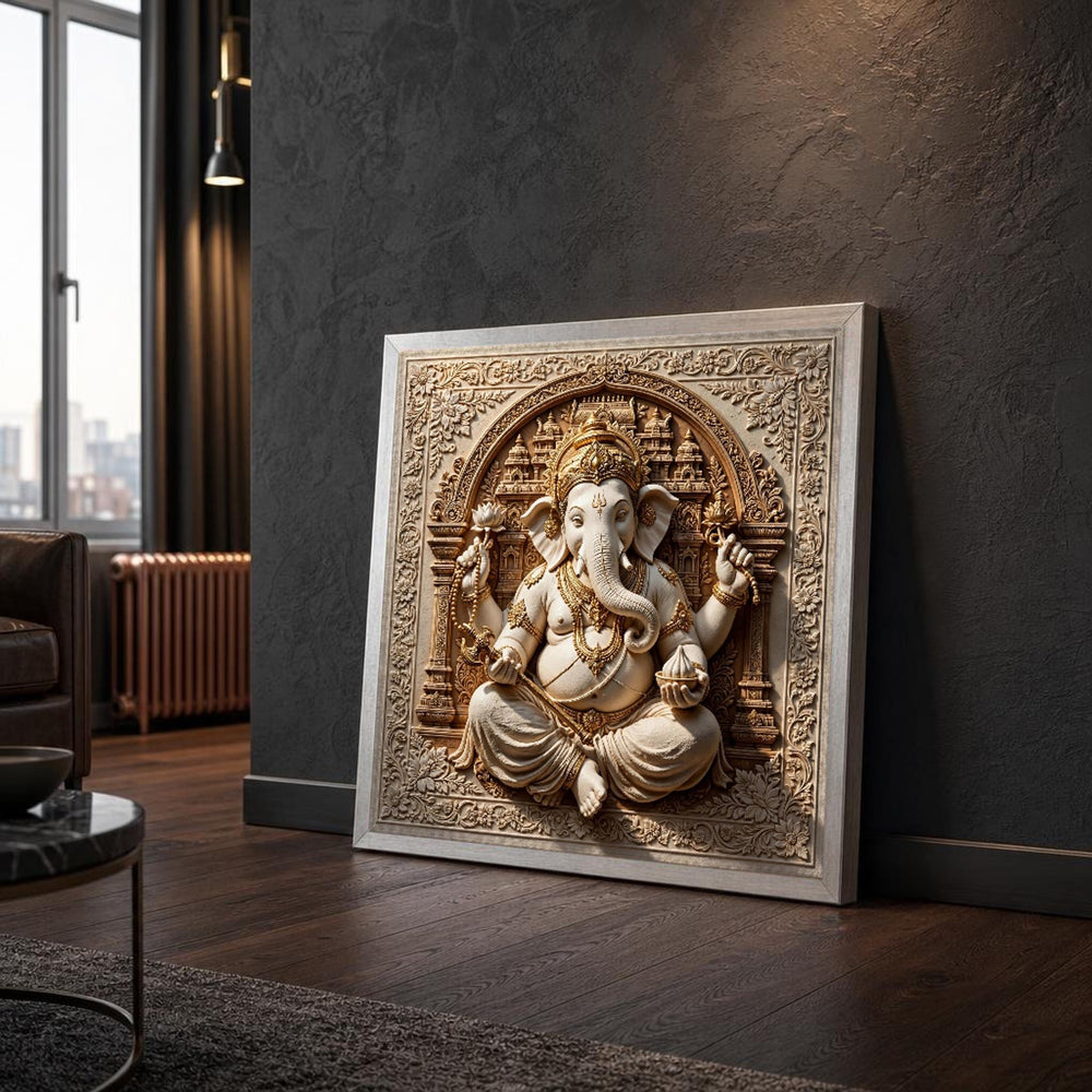 Gold Ganesha Sculpture Hindu Elephant Deity Canvas Wall Art, Hindu Devotional