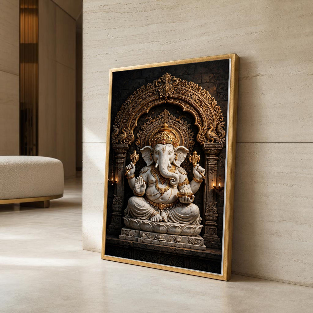 Gold Ganesha Sculpture Hindu Elephant Deity Canvas Wall Art, Traditional Hindu Devotional Art
