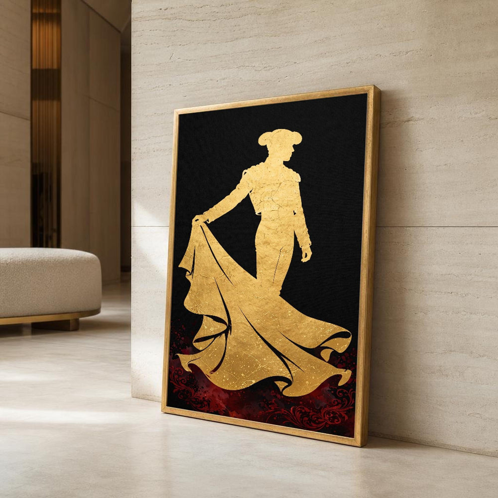 Golden Matador Silhouette Spanish Bullfighter Design Canvas Wall Art, Modern