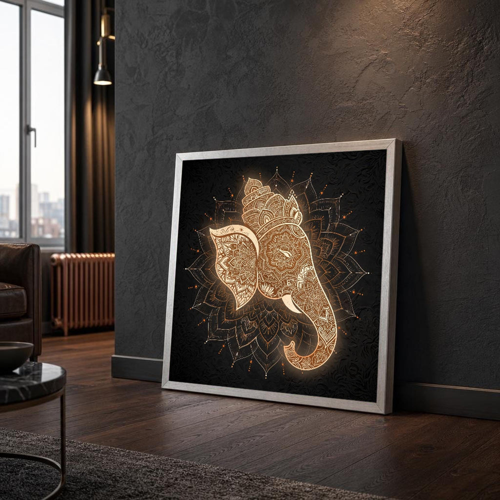 Golden Ganesha Hindu God Canvas Wall Art, Hindu Devotional