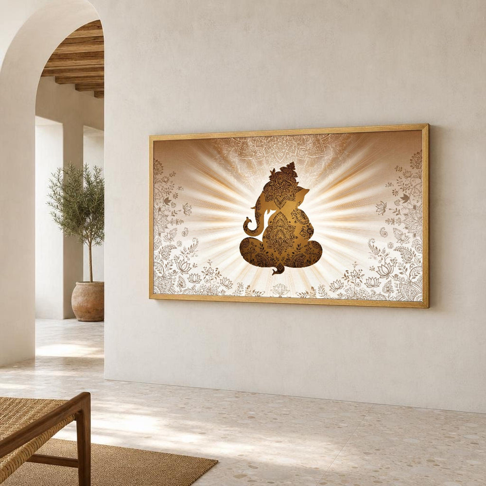 Gold Golden Ganesha Hindu God Canvas Wall Art, Traditional Hindu Devotional Art