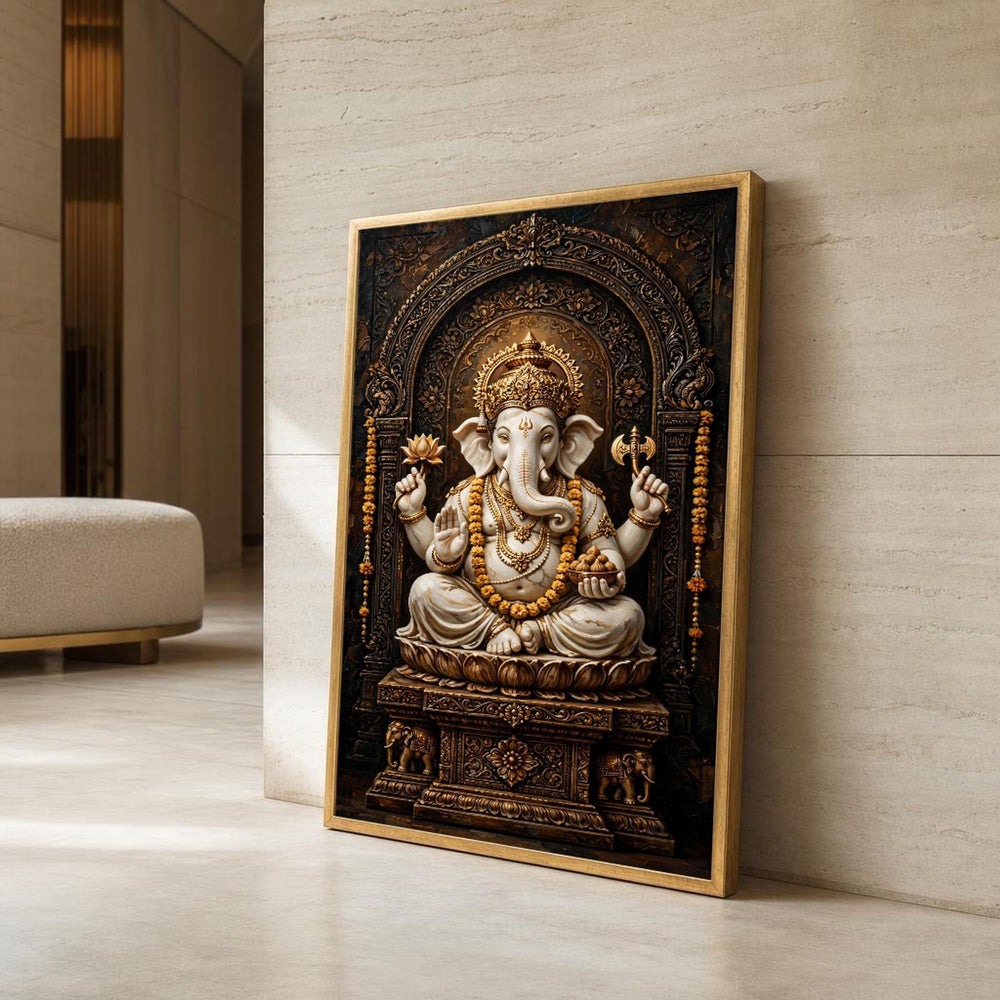 Ganesha Sculpture Hindu Elephant Deity Canvas Wall Art, Hindu Devotional