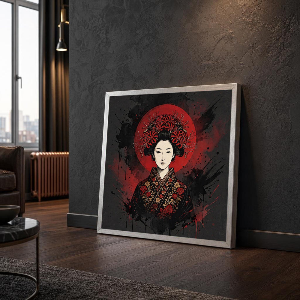 Red Kimono Geisha Canvas Wall Art, Japanese Kimono Portrait, Dark Geisha with Red Moon