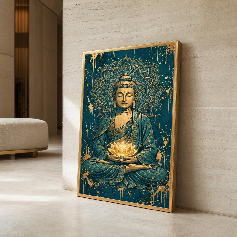 Buddha Meditative Buddha with Glowing Lotus Canvas Wall Art, Buddhist, Buddhist Meditation