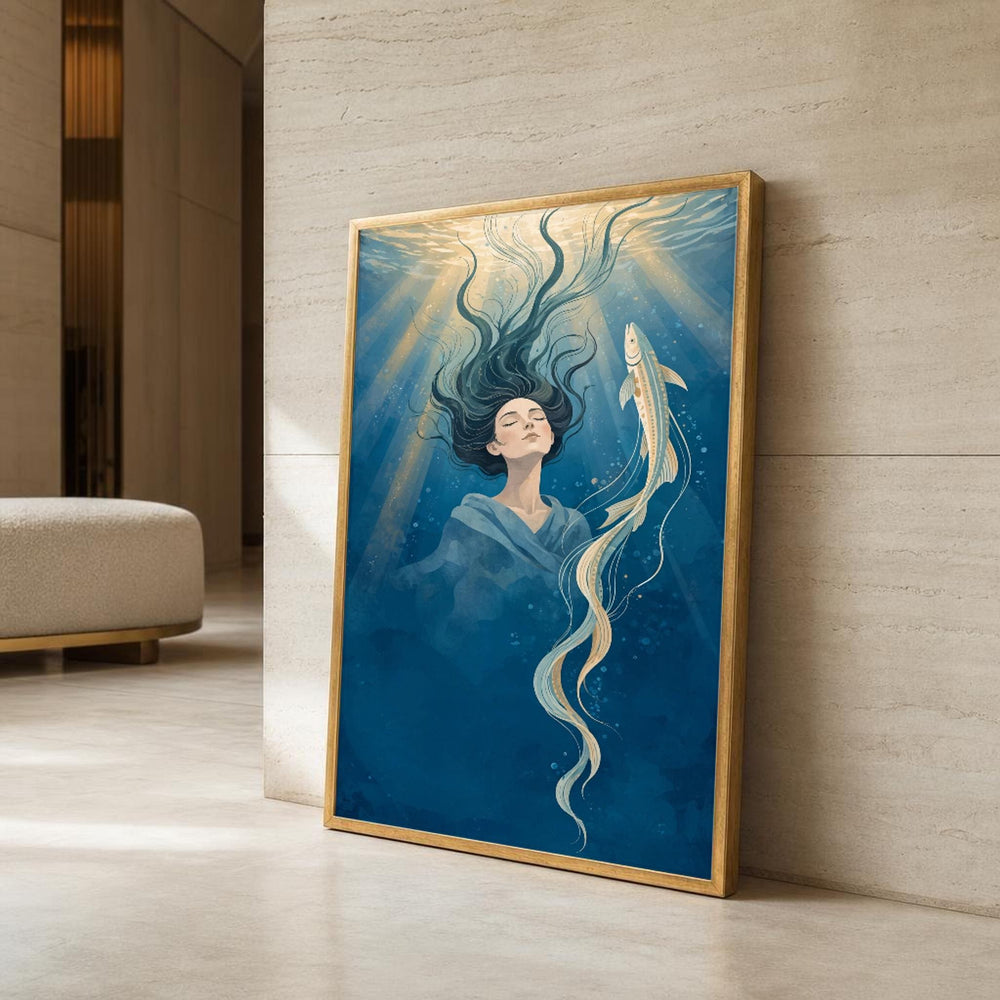 Surreal Woman with Fish Canvas Wall Art, Surreal Dreamscape, Portrait