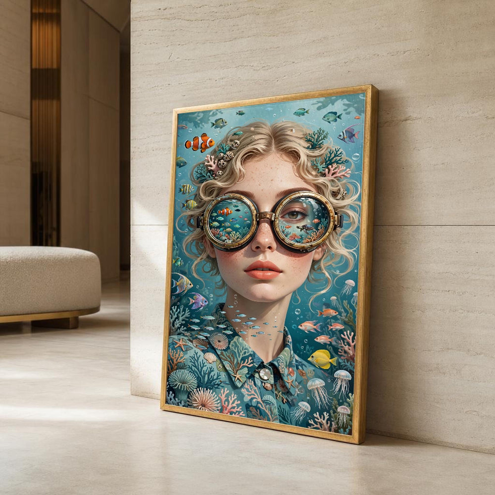 Surreal Woman with Fish Canvas Wall Art, Surreal Dreamscape