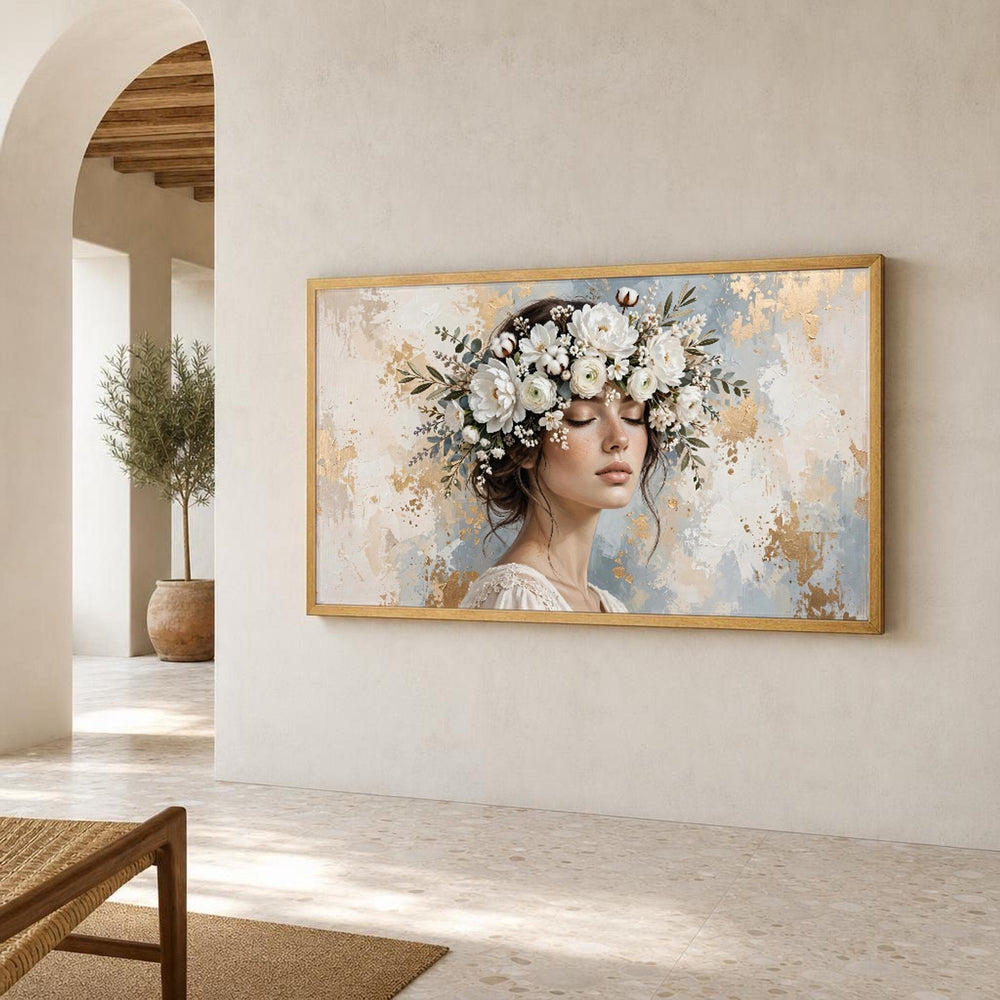 Elegant Woman with White Floral Crown Canvas Wall Art, Portrait, Modern Minimalist Abstract