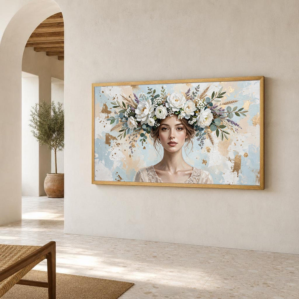 White Elegant Woman with Floral Crown Canvas Wall Art, Portrait