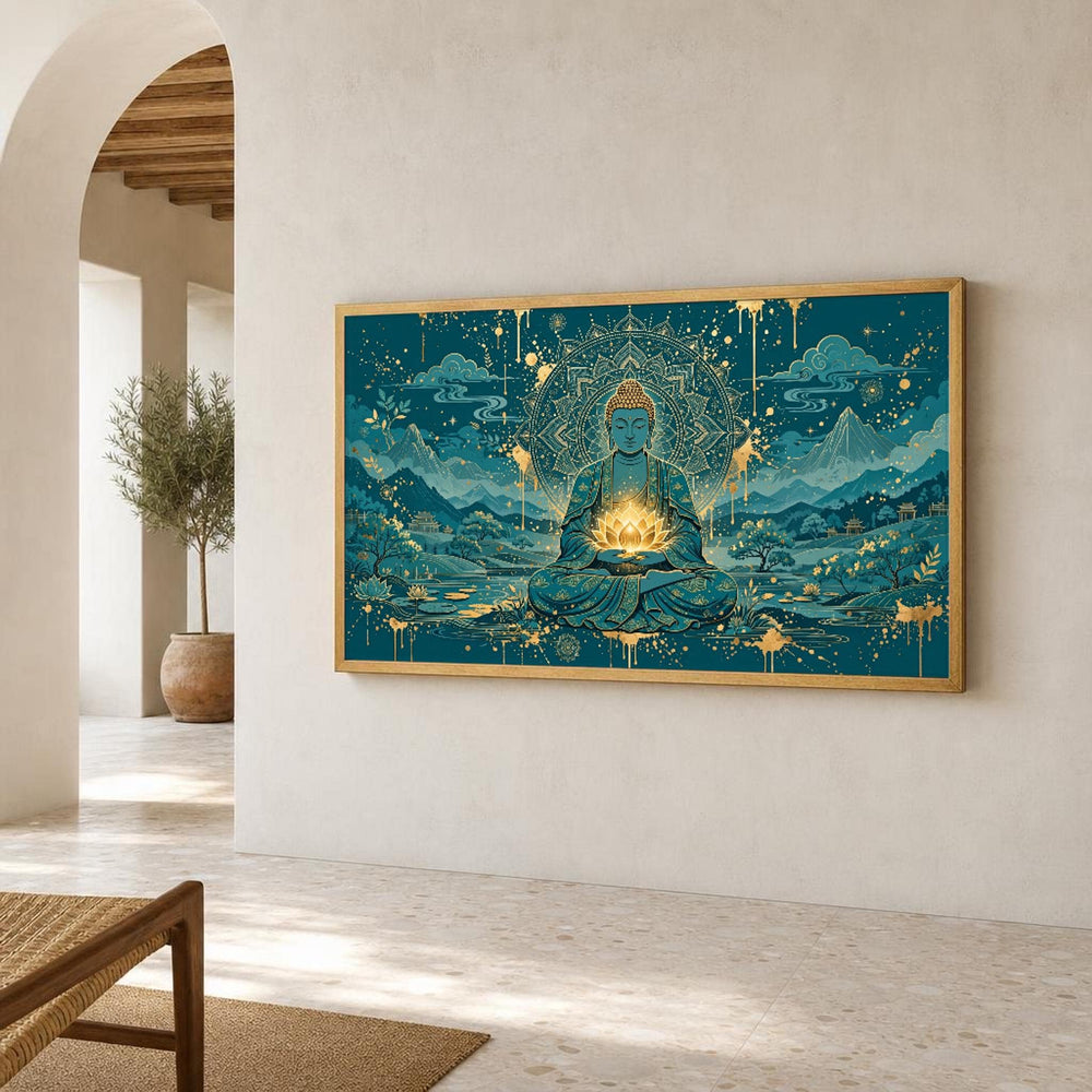Buddha Meditative Buddha with Glowing Lotus Canvas Wall Art, Buddhist Meditation, Buddhist