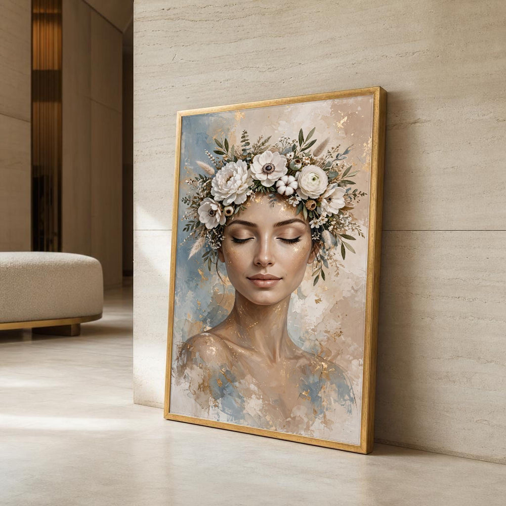 White Elegant Woman with Floral Crown Canvas Wall Art, Modern Minimalist Abstract