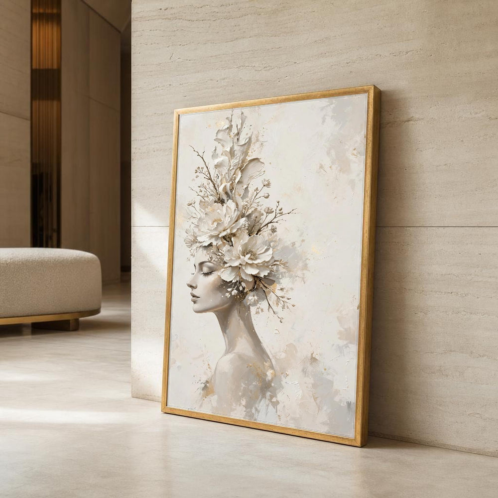 White Elegant Woman with Floral Crown Canvas Wall Art, Portrait