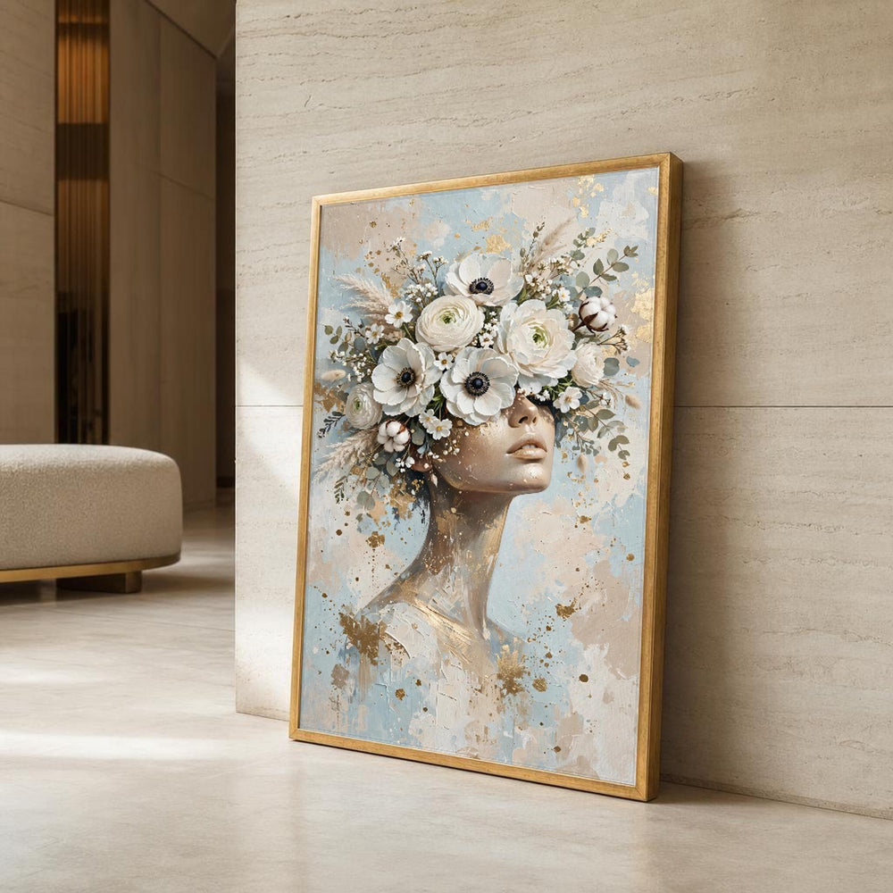 White Elegant Woman with Floral Crown Canvas Wall Art, Modern Minimalist Abstract