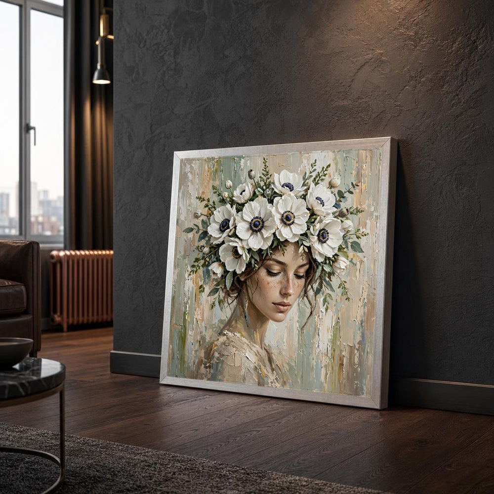 White Elegant Woman with Floral Crown Canvas Wall Art, Portrait