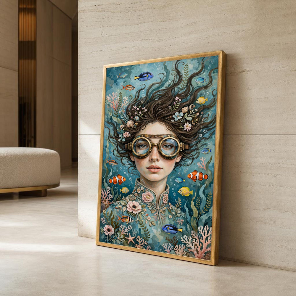 Surreal Woman with Fish Canvas Wall Art, Surreal Dreamscape