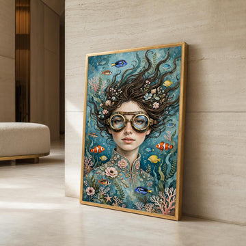 Surreal Woman with Fish Canvas Wall Art, Surreal Dreamscape