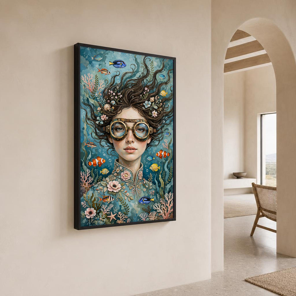 Surreal Woman with Fish Canvas Wall Art, Surreal Dreamscape
