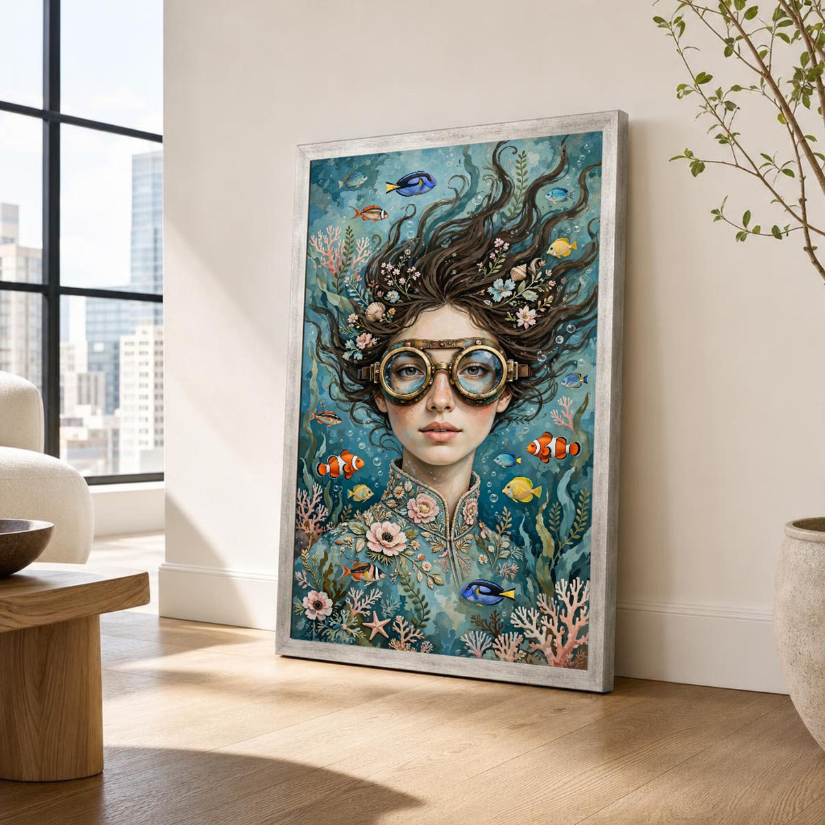 Surreal Woman with Fish Canvas Wall Art, Surreal Dreamscape