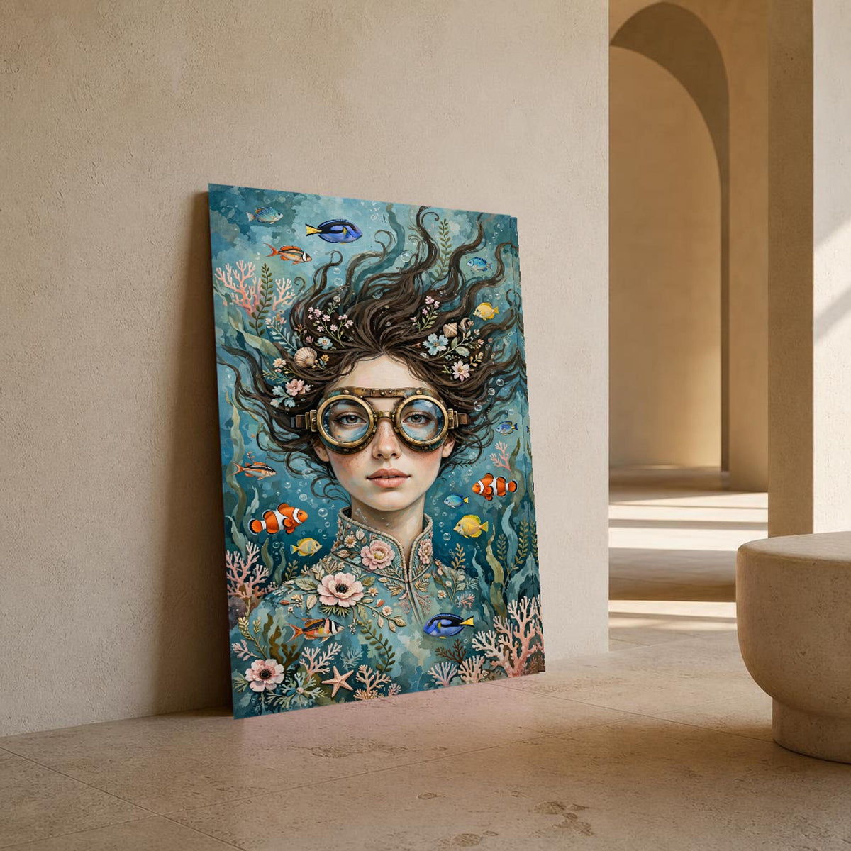 Surreal Woman with Fish Canvas Wall Art, Surreal Dreamscape