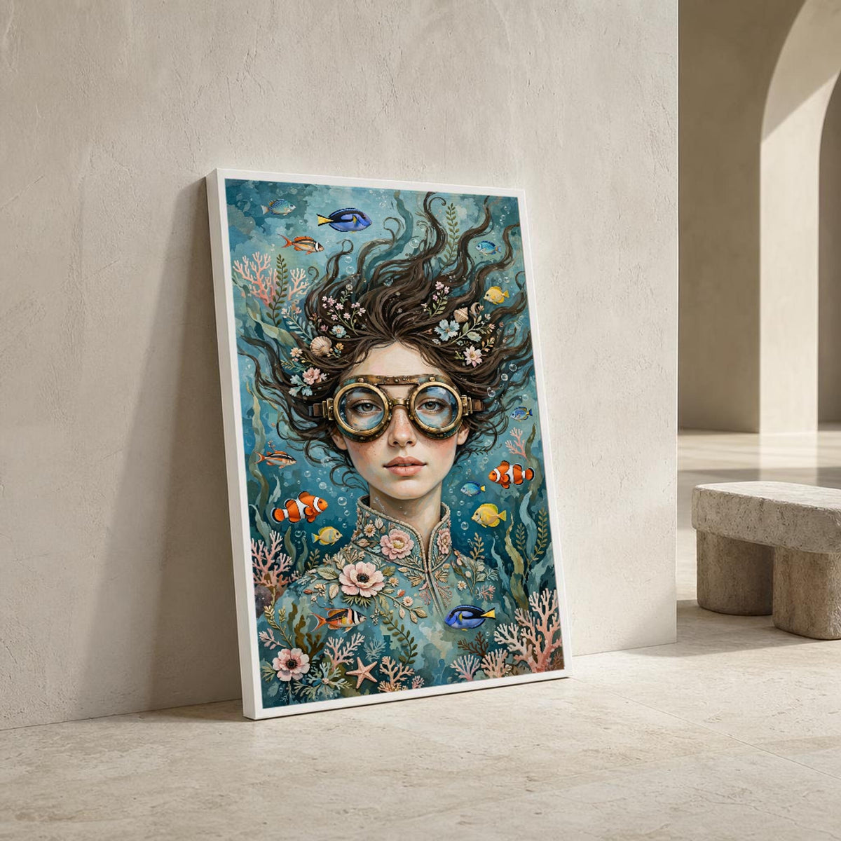 Surreal Woman with Fish Canvas Wall Art, Surreal Dreamscape