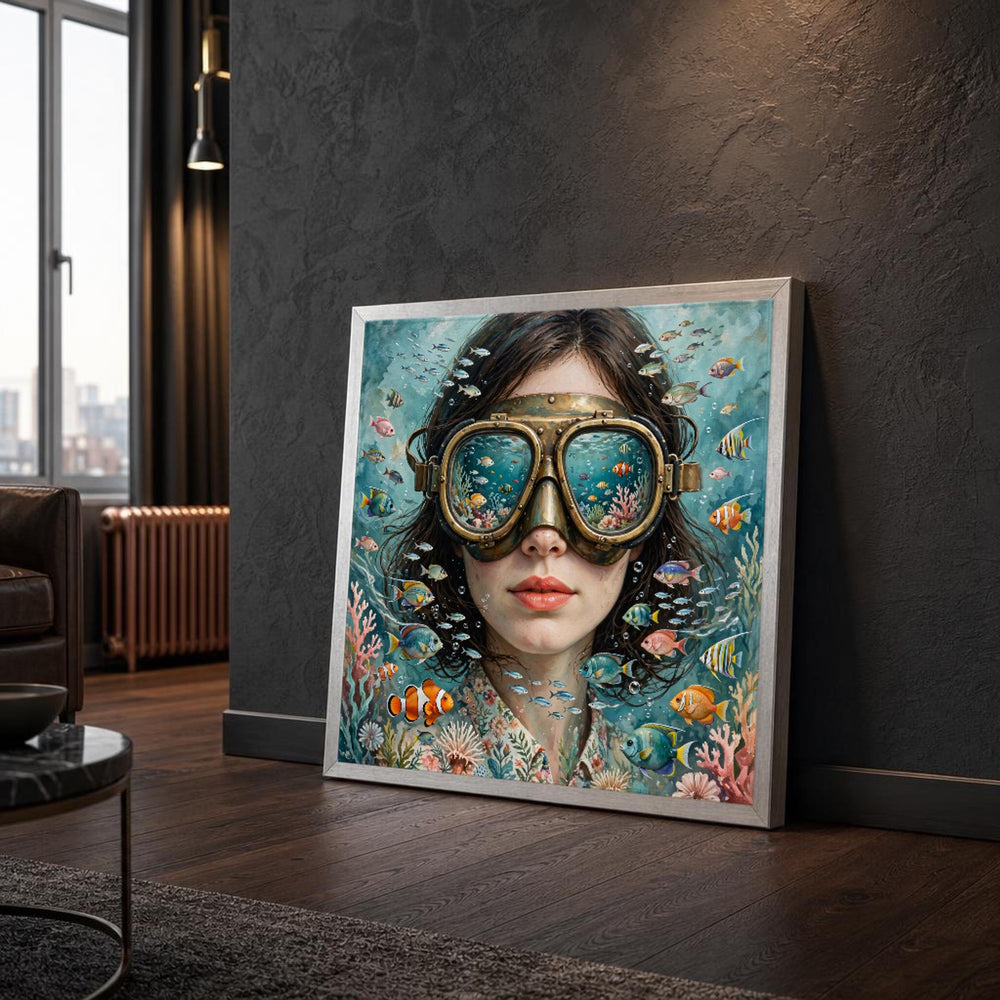 Surreal Woman with Fish Canvas Wall Art, Surreal Dreamscape, Portrait