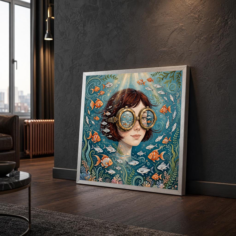 Surreal Woman with Fish Canvas Wall Art, Portrait, Surreal Dreamscape