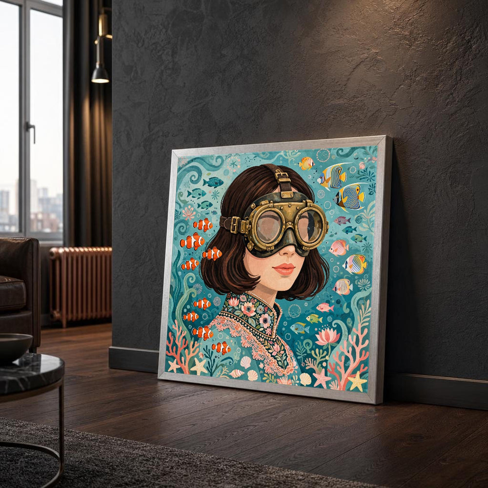Surreal Woman with Fish Canvas Wall Art, Portrait, Surreal Dreamscape