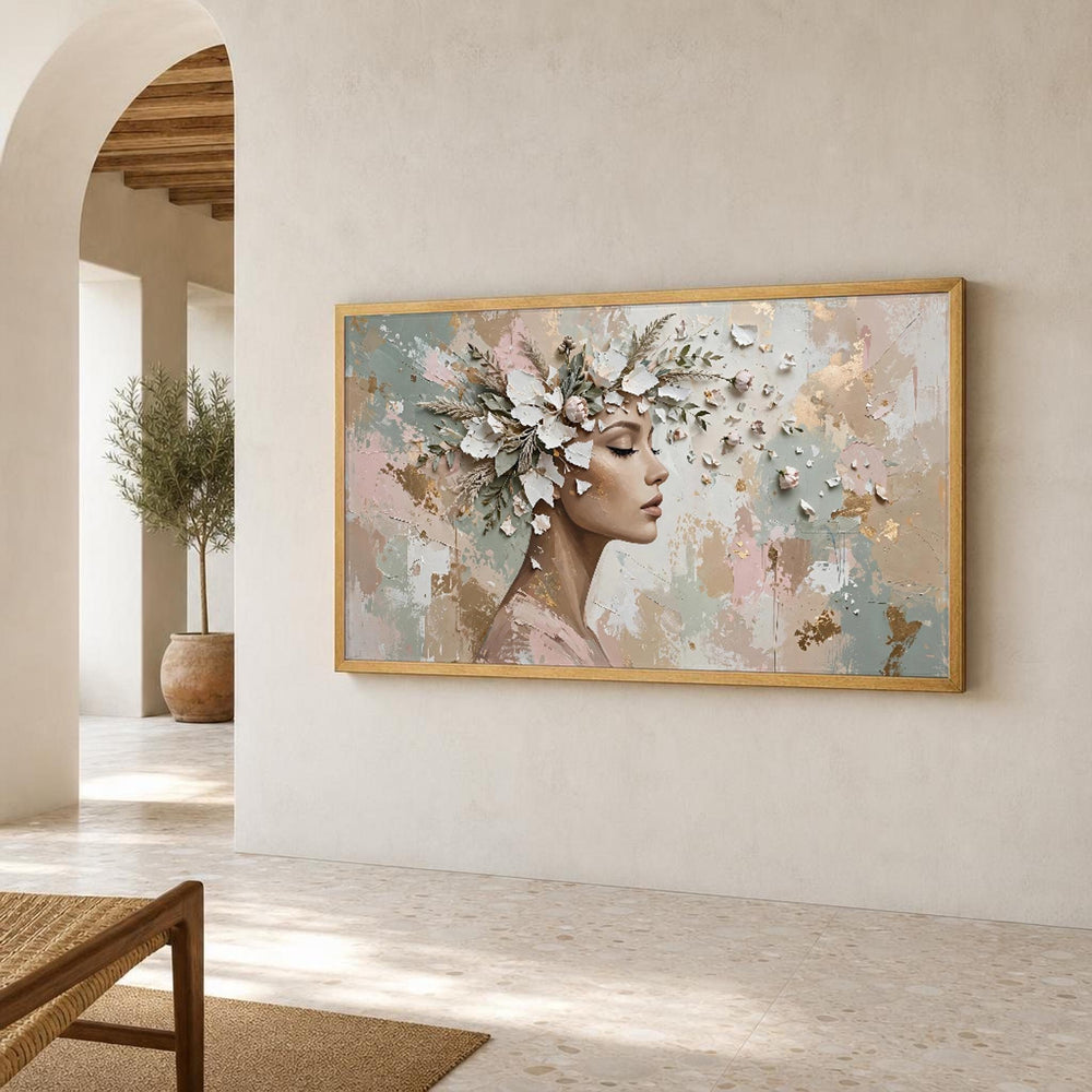 White Elegant Woman with Floral Crown Canvas Wall Art, Modern Minimalist Abstract