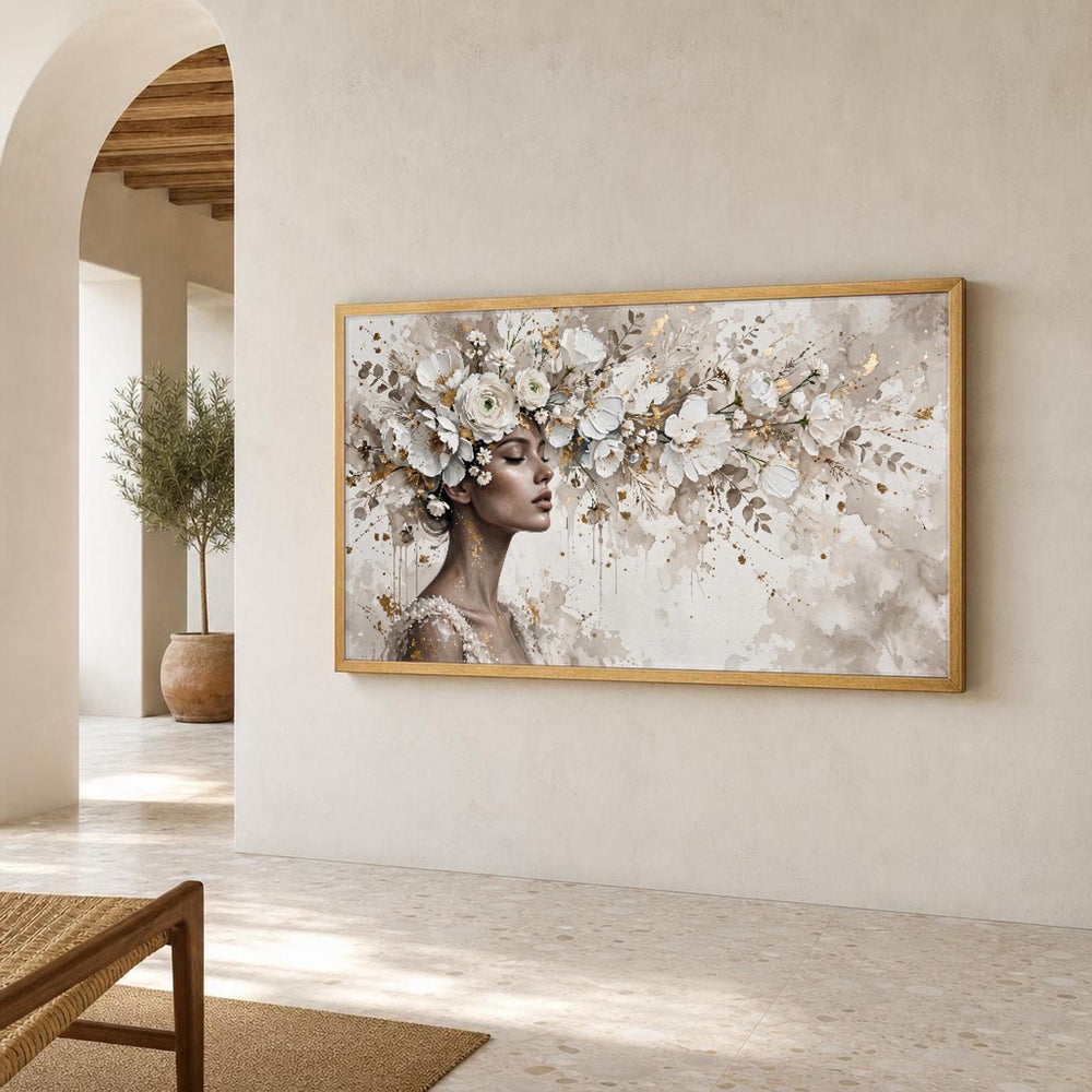 White Elegant Woman with Floral Crown Canvas Wall Art, Portrait