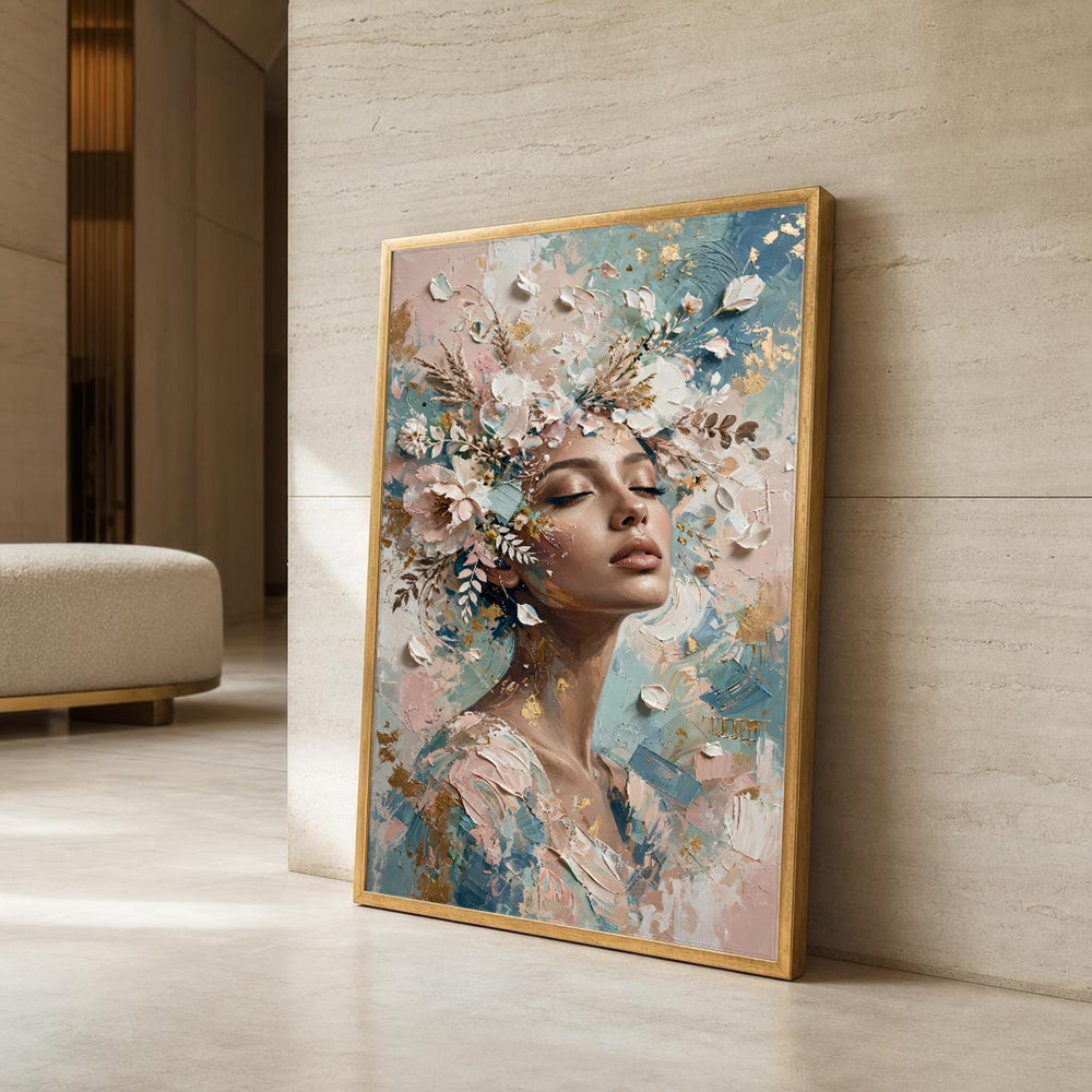 White Elegant Woman with Floral Crown Canvas Wall Art, Portrait