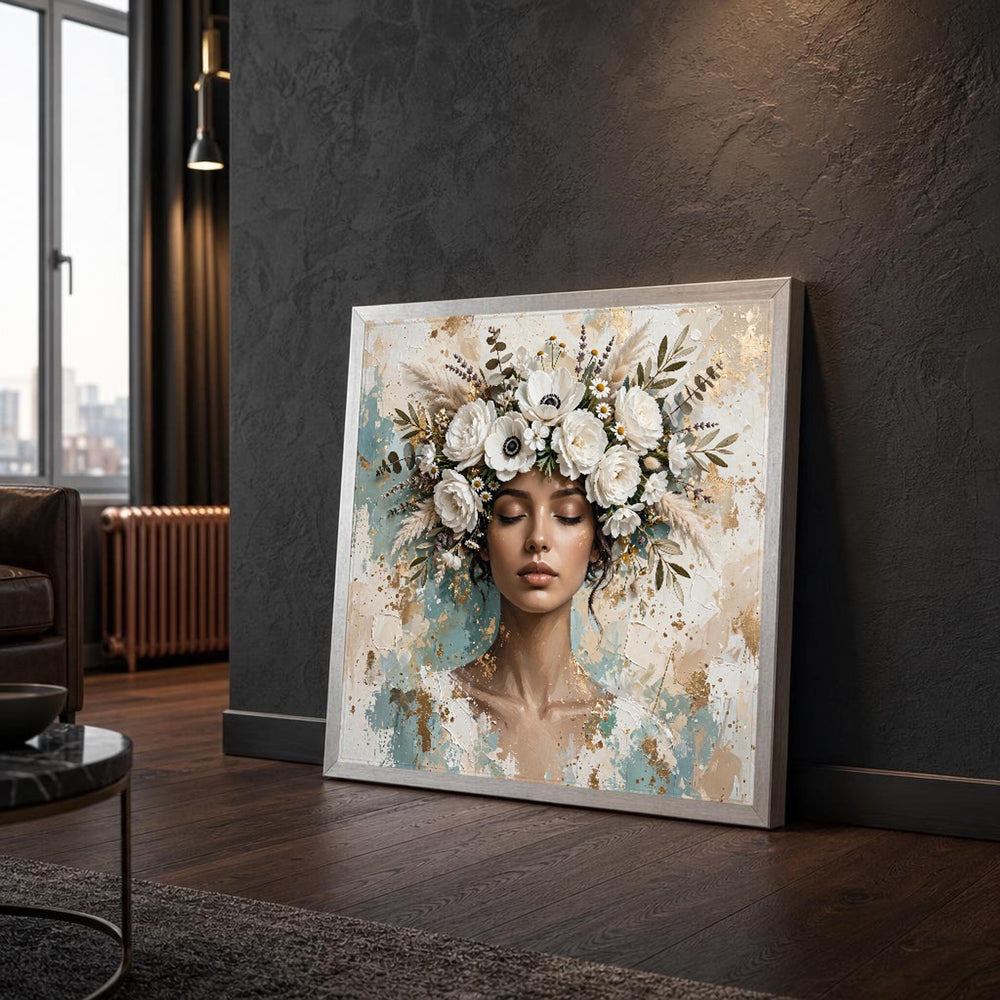 White Elegant Woman with Floral Crown Canvas Wall Art, Portrait