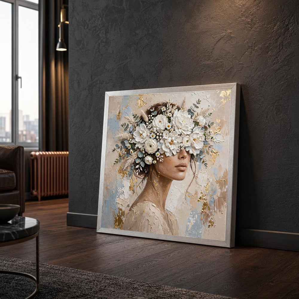 White Elegant Woman with Floral Crown Canvas Wall Art, Modern Minimalist Abstract