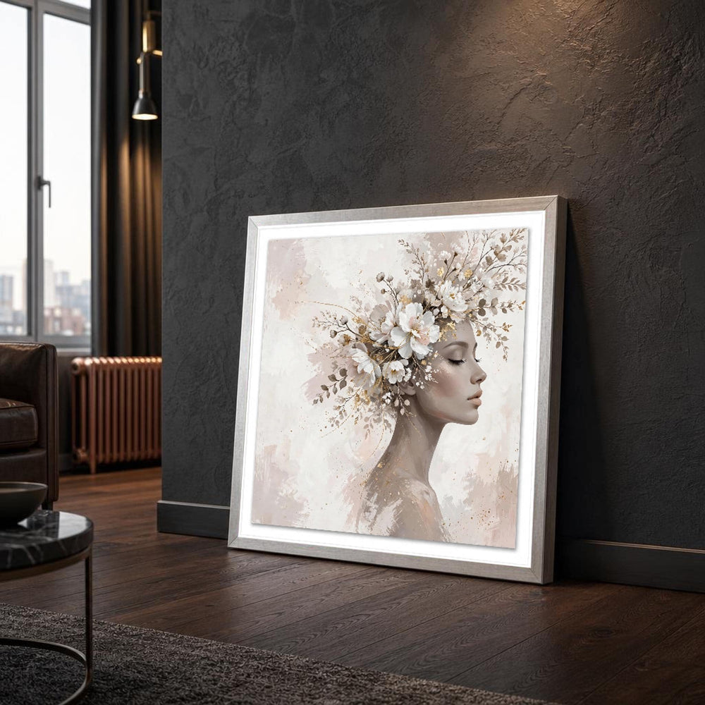 White Elegant Woman with Floral Crown Canvas Wall Art, Portrait