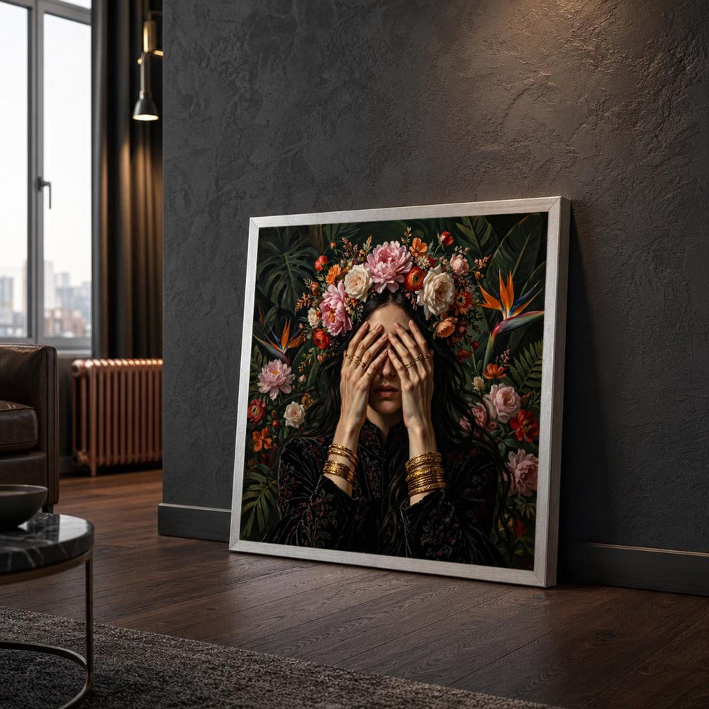 Frida Kahlo Woman with Floral Crown Canvas Wall Art, Mexican Folk Portrait