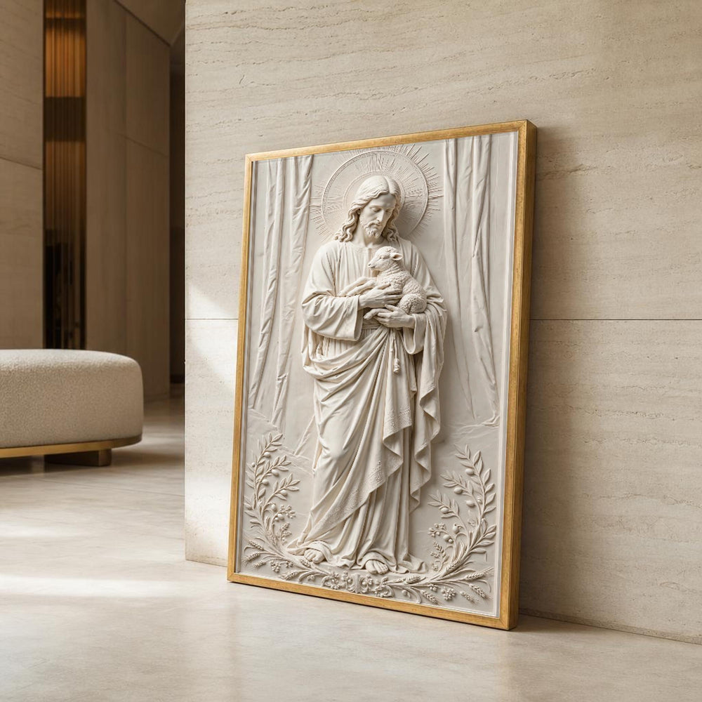 Beige and White Jesus Christ Canvas Wall Art, Relief Sculpture