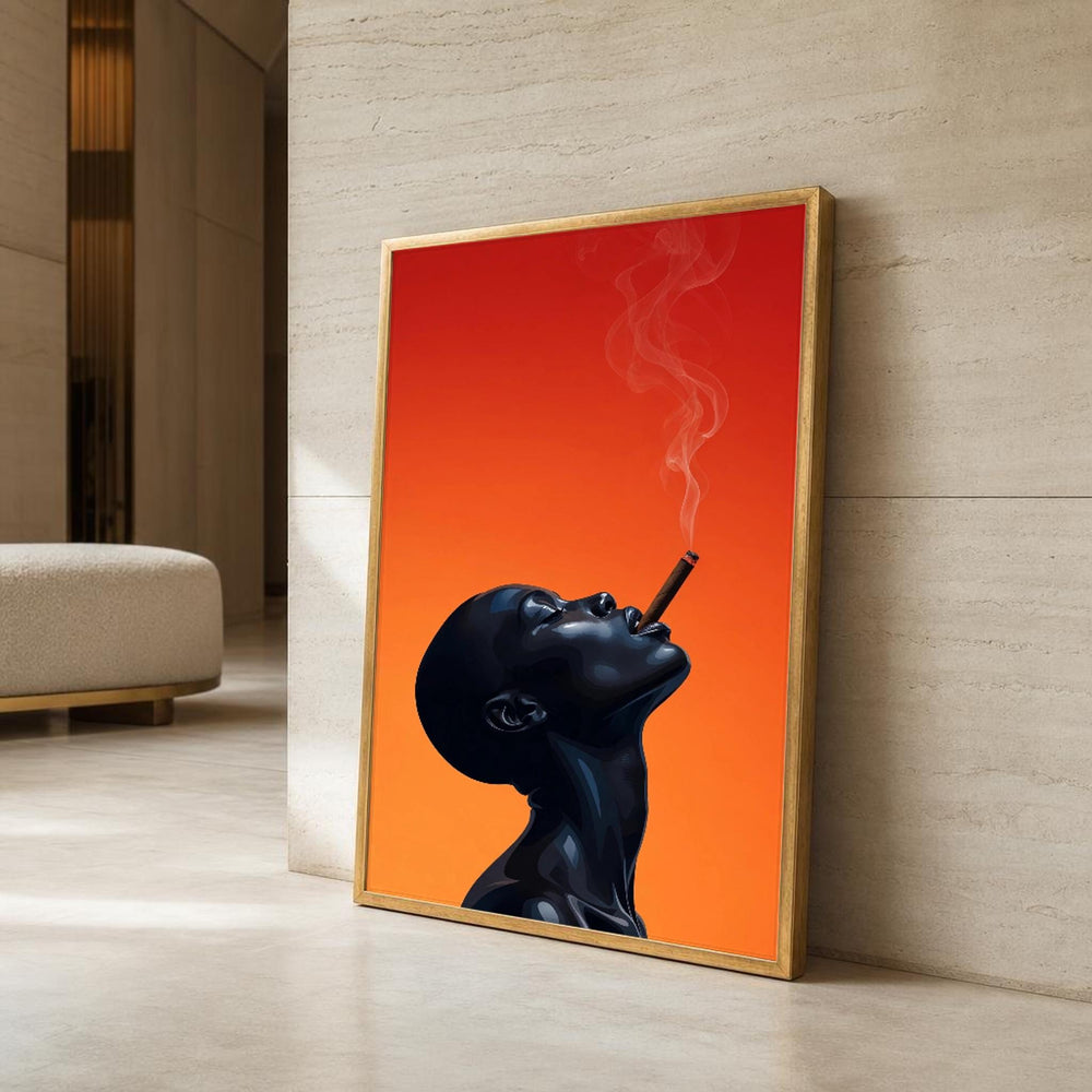 Black and Orange Smoking Woman Portrait Canvas Wall Art, Contemporary, Cigarette