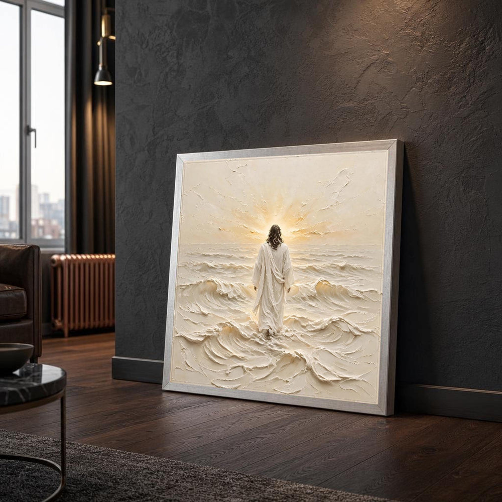 Beige and White Jesus Walking on Water Canvas Wall Art, Spiritual