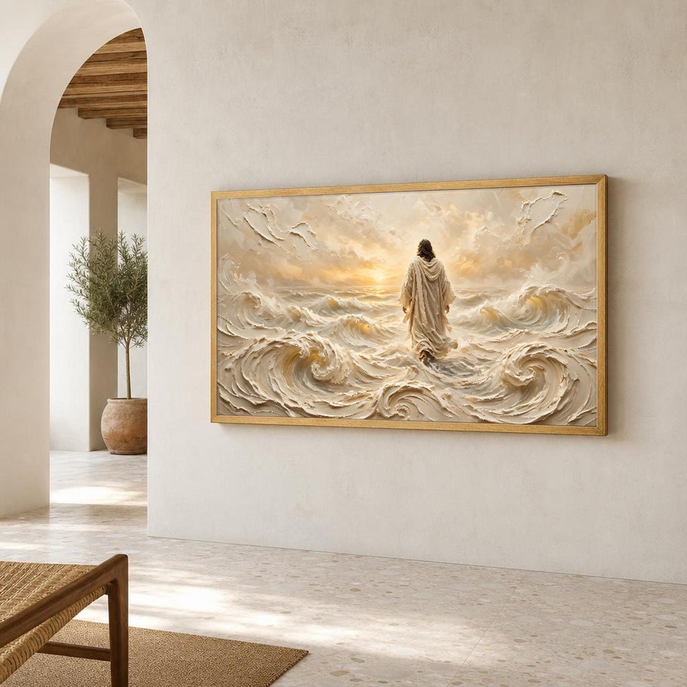 Beige and Gold Jesus Walking on Water Canvas Wall Art, Ocean, Serene