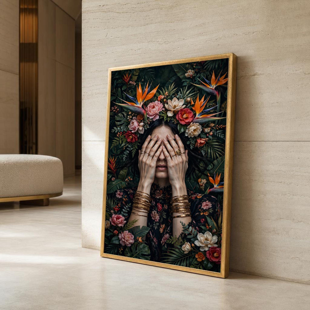 Frida Kahlo Woman with Floral Headdress Canvas Wall Art, Mexican Folk Portrait, Vibrant