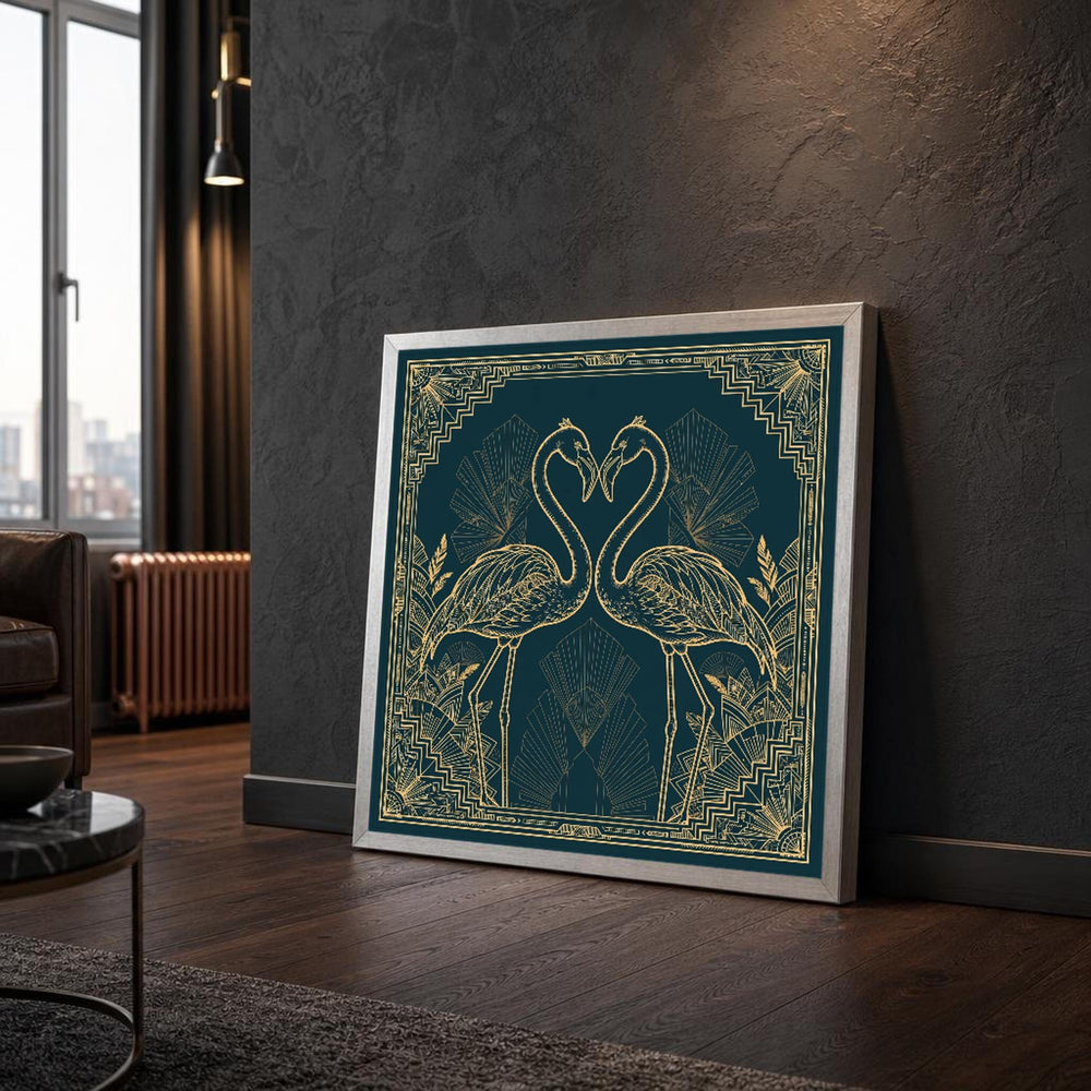 Teal and Gold Flamingos Canvas Wall Art, Birds