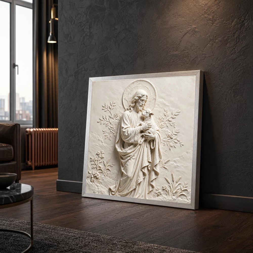 Beige and White Jesus with Lamb Canvas Wall Art, Christian Sacred, Religious