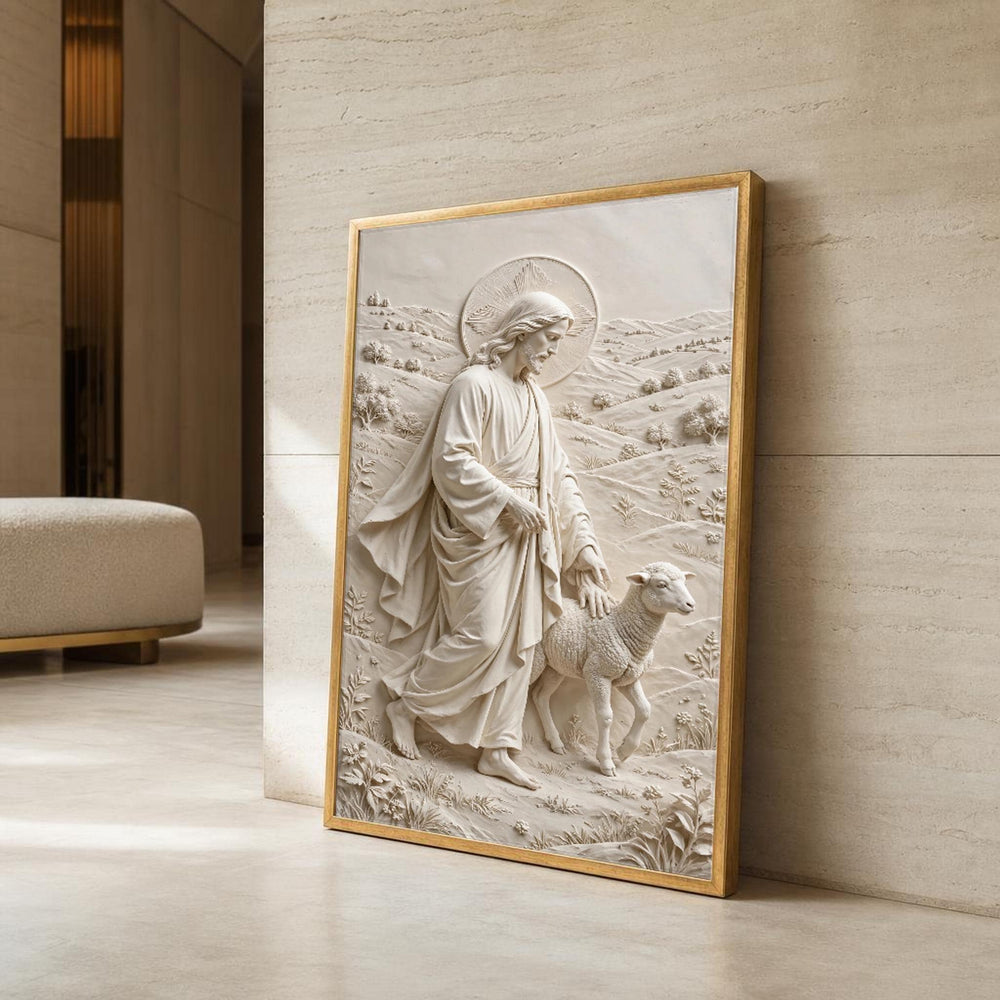 Jesus with Lamb Canvas Wall Art, Christian Sacred, Religious