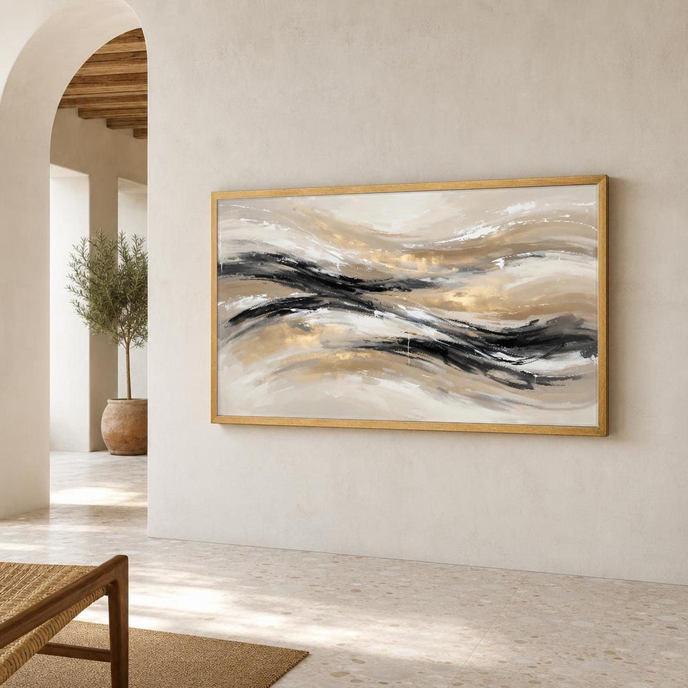 Beige and Black Abstract Waves Canvas Wall Art