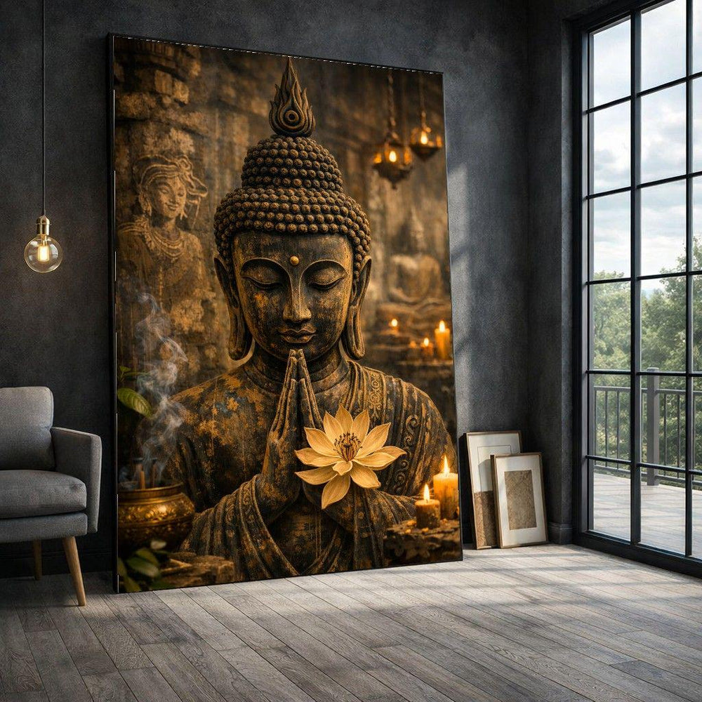 Buddha Meditation Golden Framed Wall Art, Zen Spiritual Canvas Print, Minimalist Living Room Decor