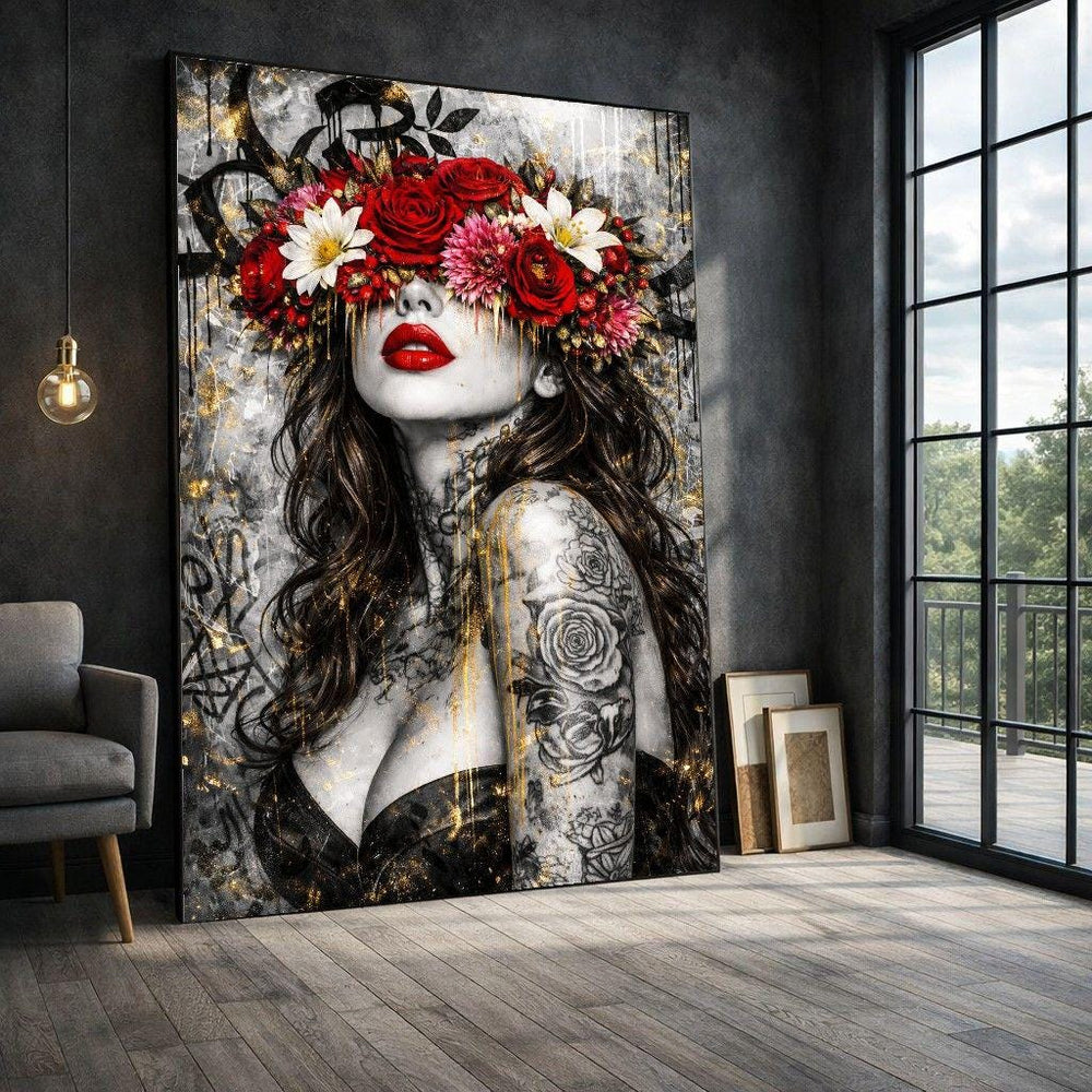 Marilyn Monroe Floral Crown Framed Wall Art, Red Rose Tattoo Canvas Print, Living Room Decor