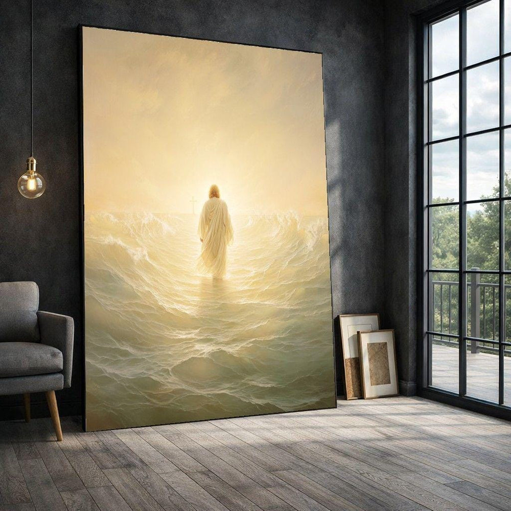 Jesus Walking on Water Framed Wall Art, Ethereal Light Ocean Canvas Print, Religious Living