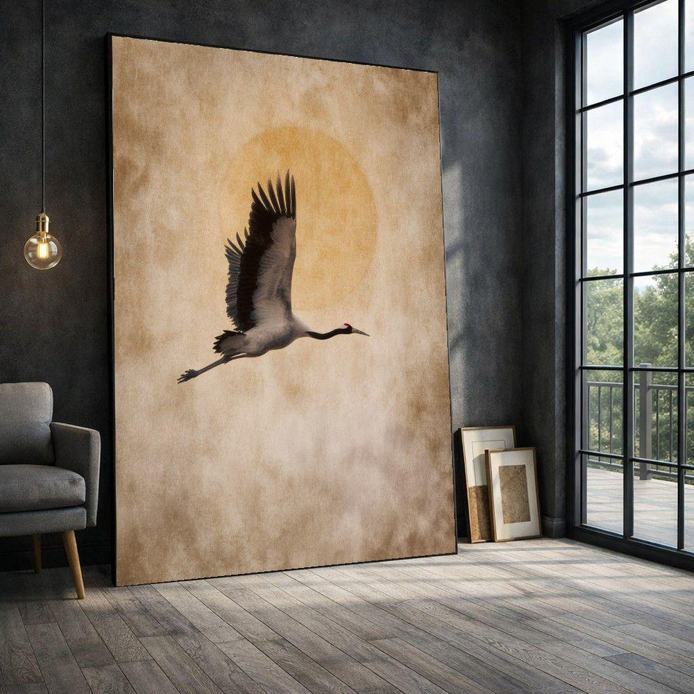 Crane Silhouette Framed Wall Art, Golden Sunset Canvas Print, Nature Inspired Living