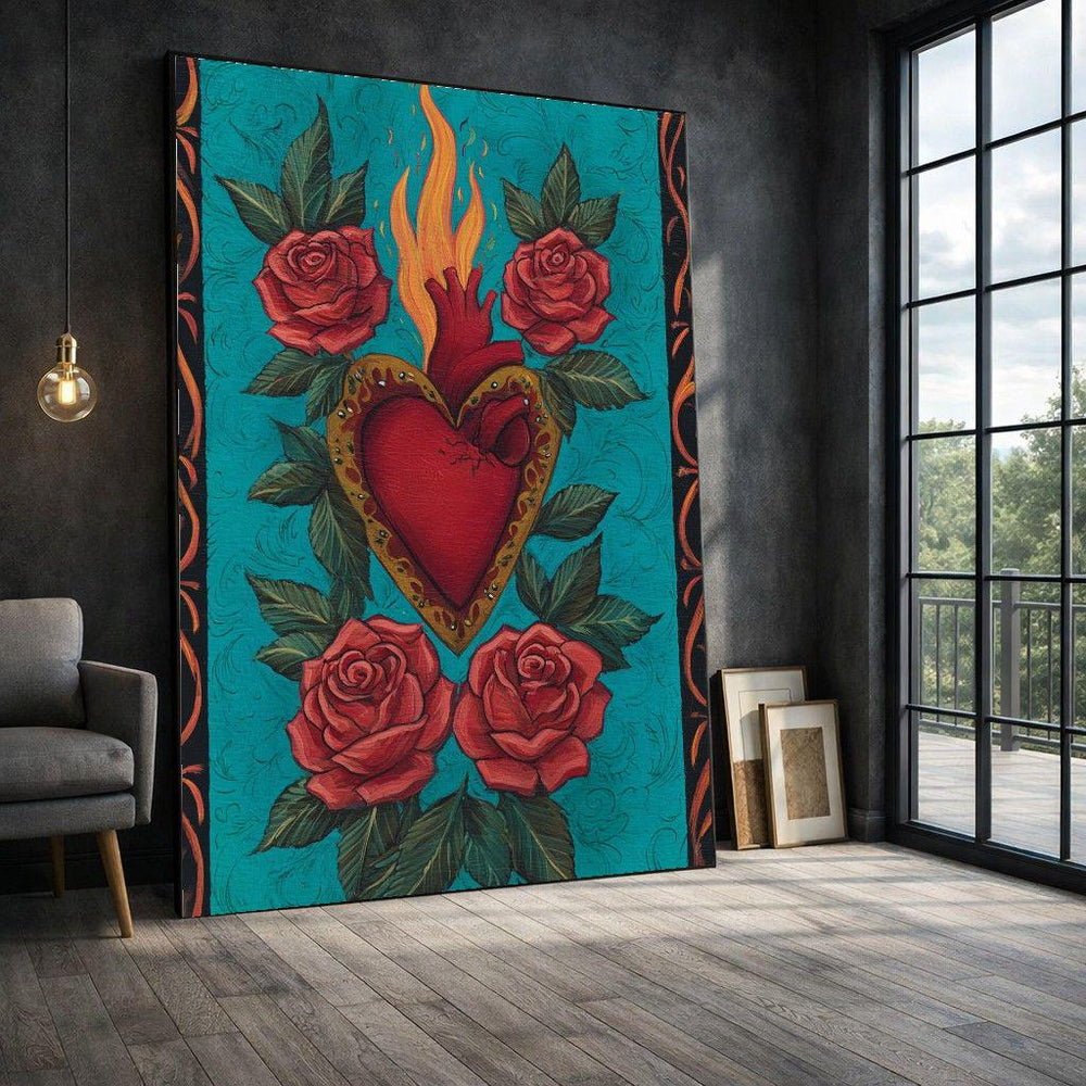 Sacred Heart and Roses Framed Wall Art, Bold Floral Canvas Print, Religious Living Room Decor