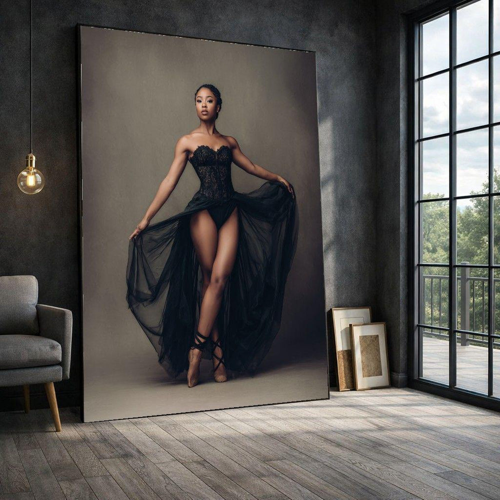 Ballet Dancer Framed Wall Art, Black Gown Framed Wall Art, Living Room Decor, Modern Art Canvas Print, Modern Living Room Wall Decor
