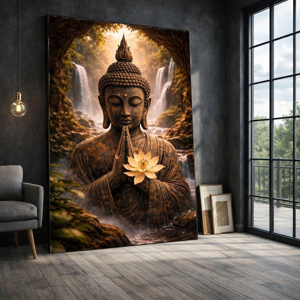 Buddha Meditation Framed Wall Art, Golden Lotus Waterfall Canvas Print, Zen Living Room Decor